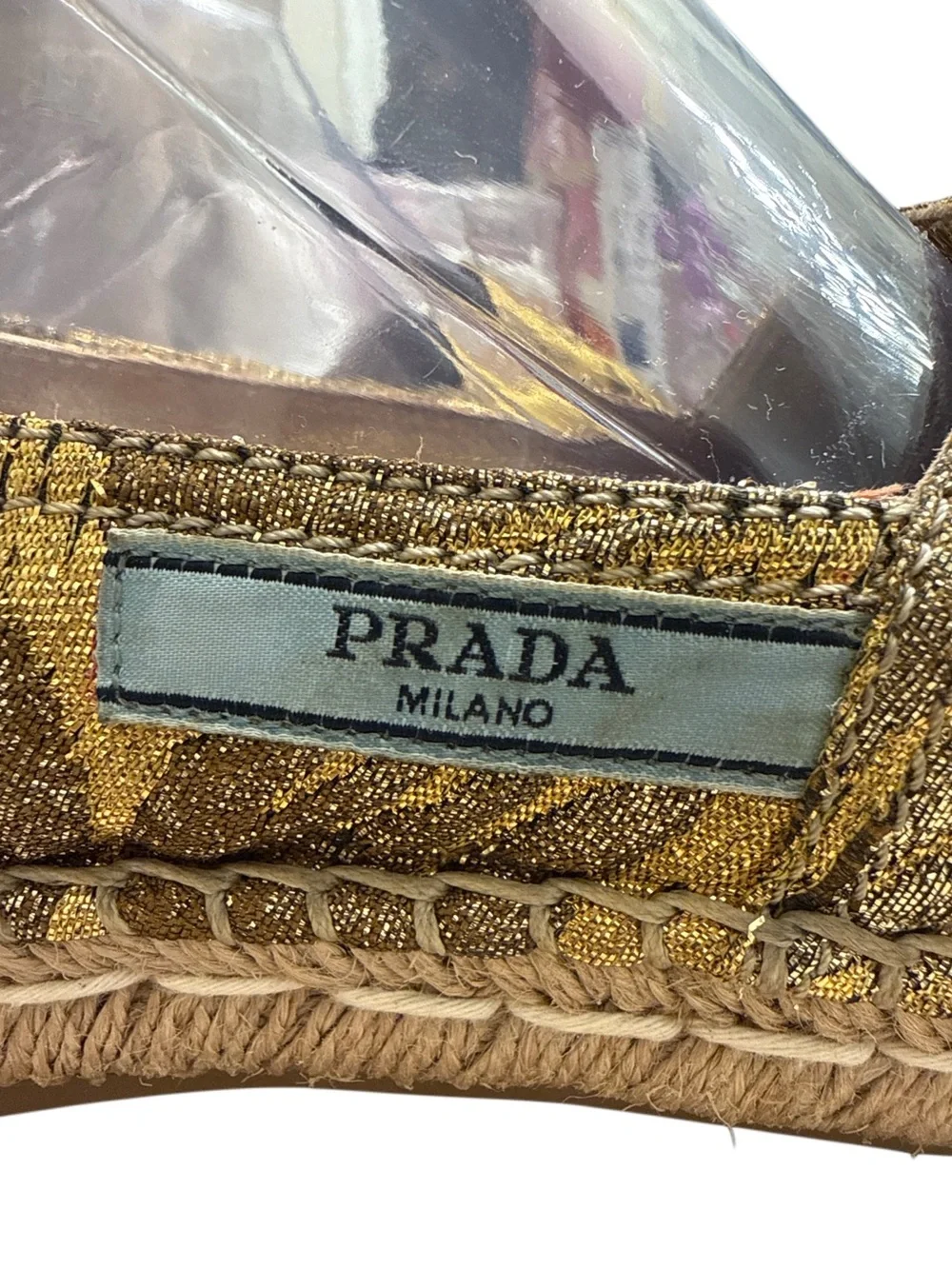 PRADA GOLD BROCADE FABRIC ESPADRILLE FLATS